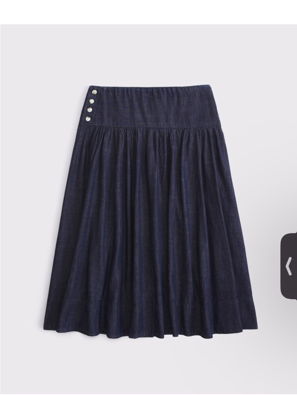 Dark Wash Drop-Waist Side-Button Midi Skirt